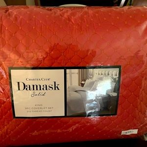 Brand new rust/ paprika colored KING DAMASK COVERLET with 2 Shams.